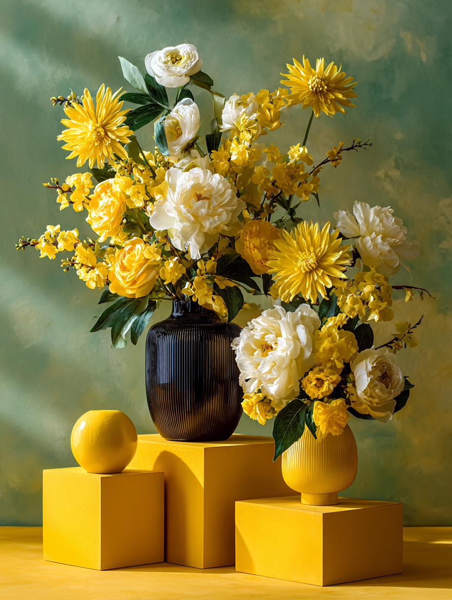 Florist-styled arrangement on yellow podium