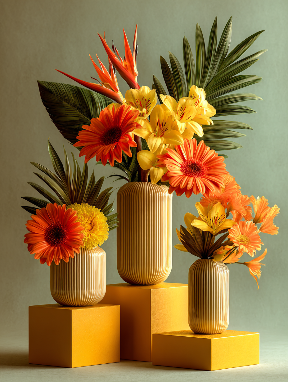 Trio of ribbed vases with orange gerberas, yellow lilies and bird of paradise